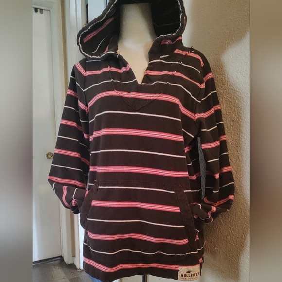 Hollister Sweaters - Hollister Women's Brown and Pink Striped Hoodie Sweater